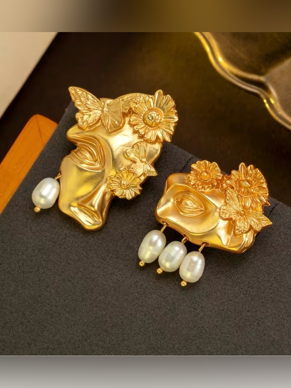 Schiaparelli Inspired Gold Floral Face Drop Earrings with Pearl Accents